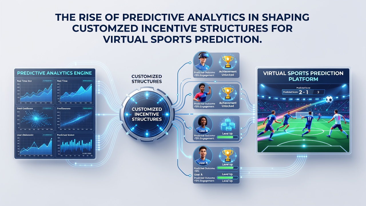 Illustratie van data-analisten die werken aan modellen voor virtuele sportincentives met schermen vol grafieken